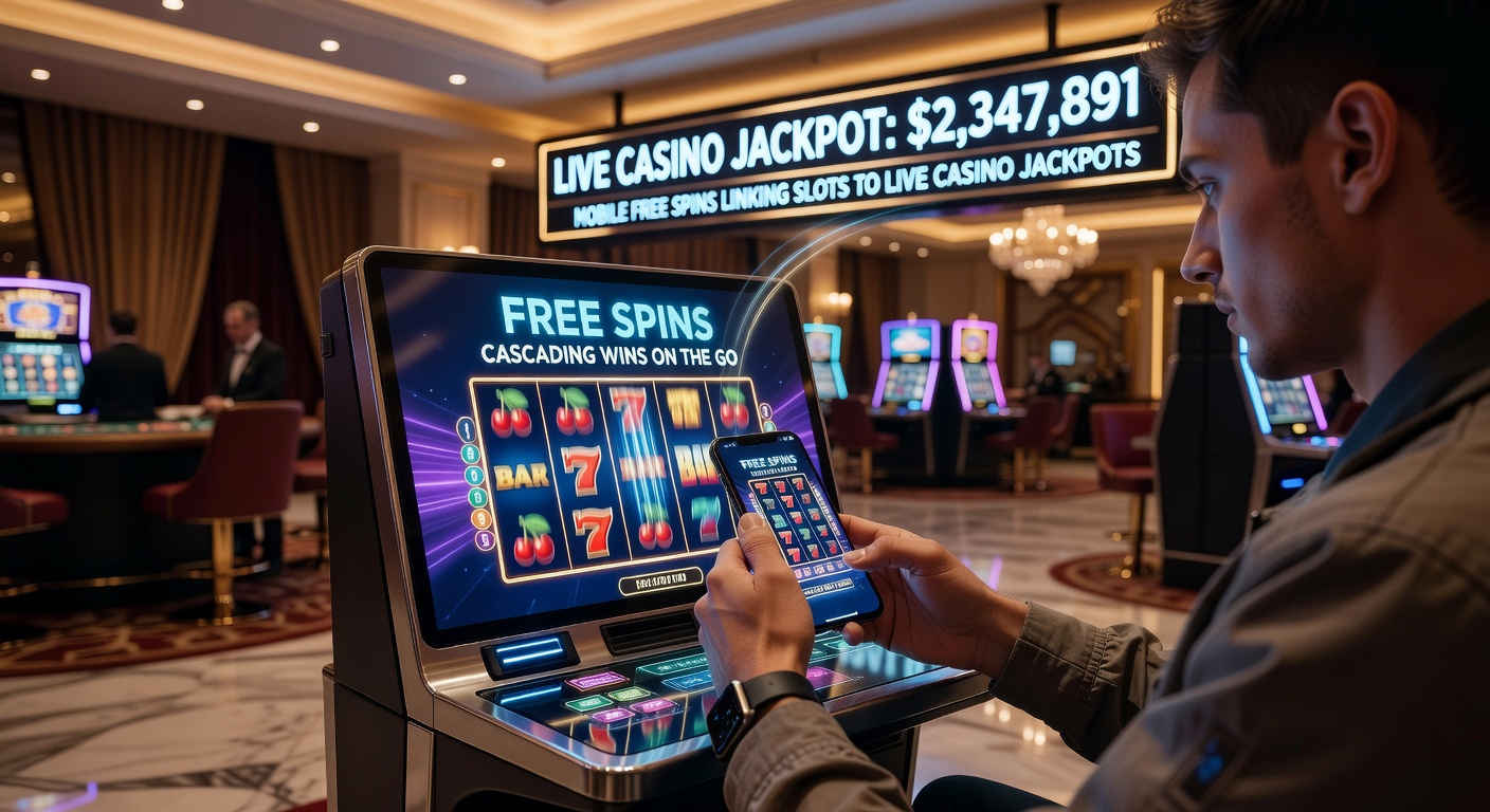 Smartphone-Bildschirm zeigt Slot mit kaskadierenden Symbolen und Free-Spins-Animation, die zu einem Live-Casino-Jackpot überleitet