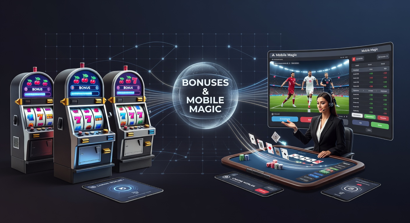 Darstellung einer hybriden Wettenplattform mit Slots, Live-Tischen und Sportwetten auf einem Smartphone-Bildschirm, verbunden durch bunte Bonus-Icons