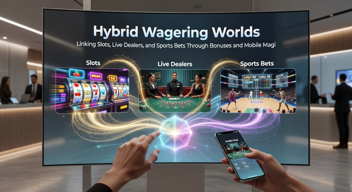Smartphone mit geteiltem Bildschirm: Links ein Live-Dealer-Spiel, rechts Sportwetten-Overlay, dazwischen Bonus-Animationen und Slot-Reels