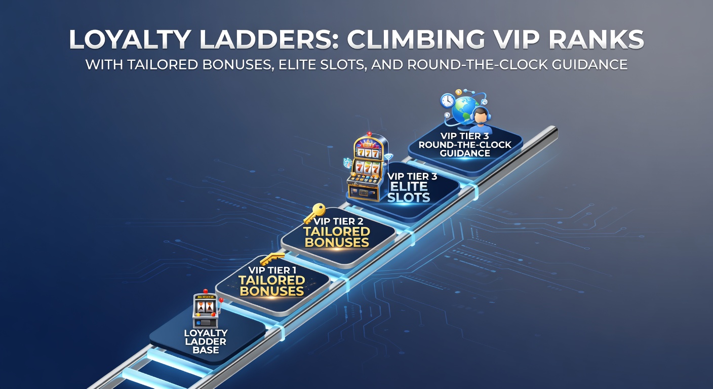 Grafische Darstellung einer Loyalitätsleiter mit steigenden VIP-Stufen, Boni und exklusiven Slots